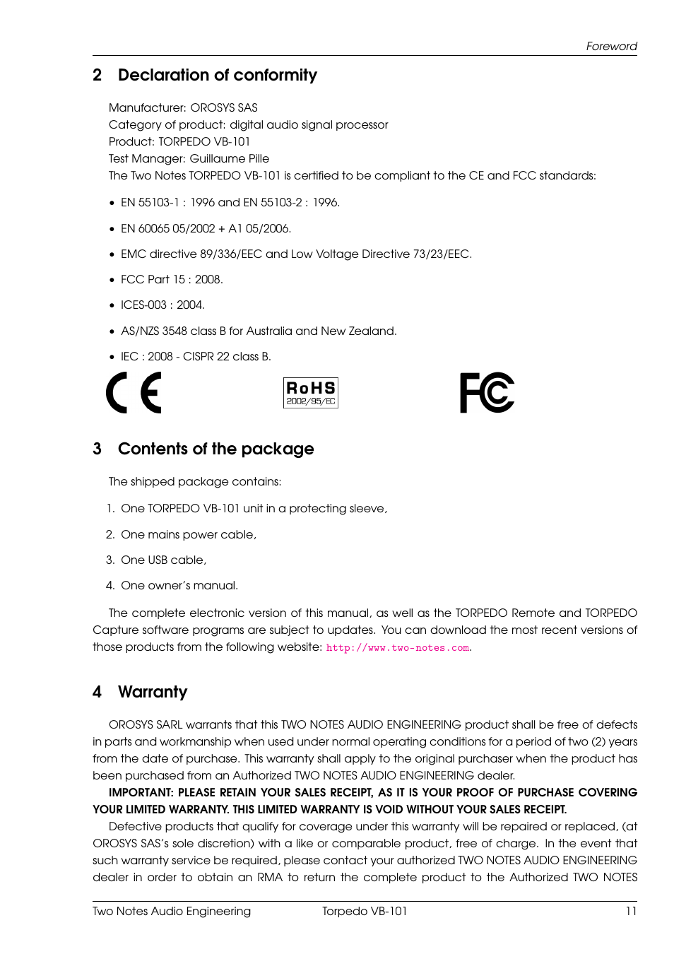 Declaration of conformity, Contents of the package, Warranty | 2declaration of conformity, 3contents of the package, 4warranty | Two Notes VB-101 User Manual | Page 11 / 53