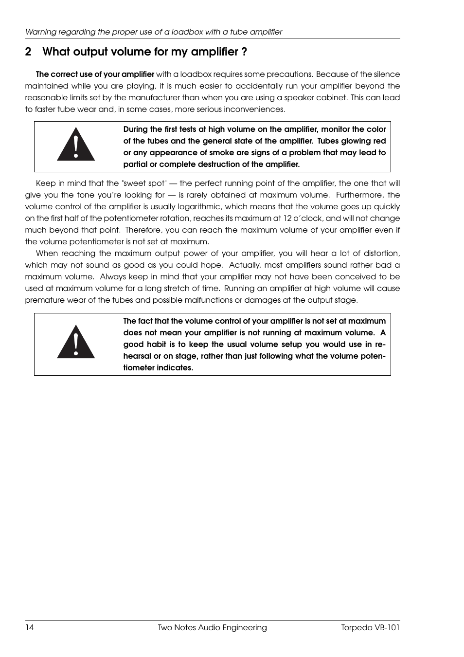 What output volume for my amplifier, 2what output volume for my amplifier | Two Notes VB-101 User Manual | Page 14 / 53