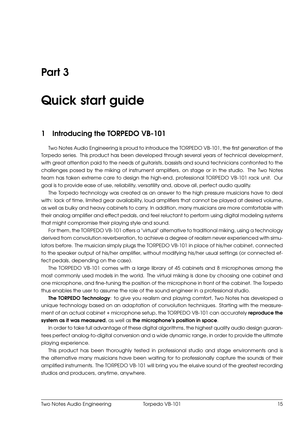 Quick start guide, Introducing the torpedo vb-101, 3 quick start guide | Part 3, 1introducing the torpedo vb-101 | Two Notes VB-101 User Manual | Page 15 / 53