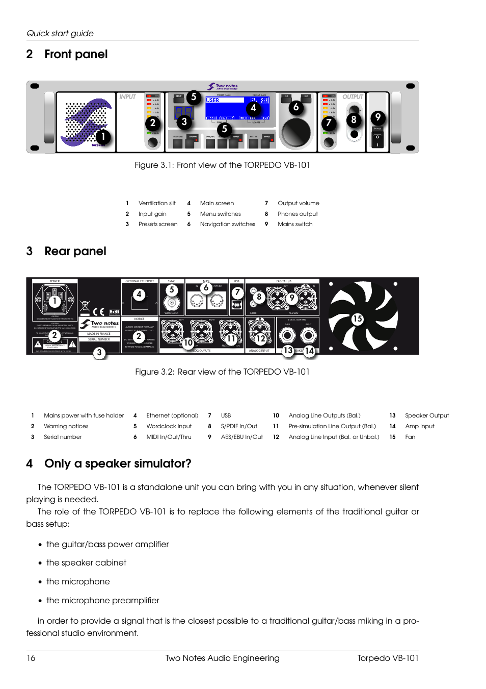 Front panel, Rear panel, Only a speaker simulator | 2front panel, 3rear panel, 4only a speaker simulator, Quick start guide | Two Notes VB-101 User Manual | Page 16 / 53