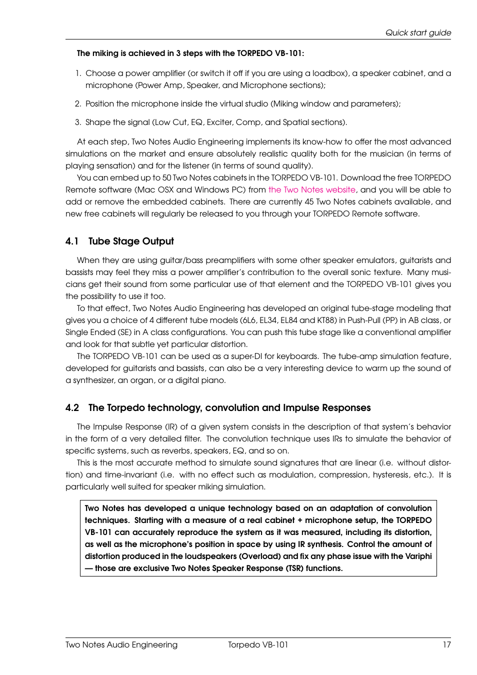 Tube stage output, 1 tube stage output | Two Notes VB-101 User Manual | Page 17 / 53