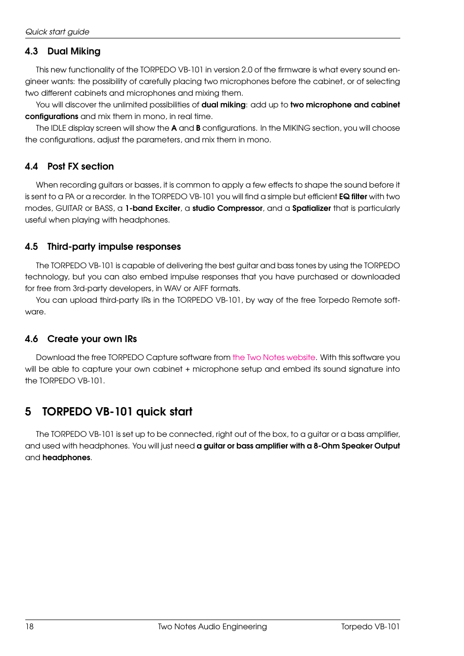 Dual miking, Post fx section, Third-party impulse responses | Create your own irs, Torpedo vb-101 quick start, 5torpedo vb-101 quick start | Two Notes VB-101 User Manual | Page 18 / 53