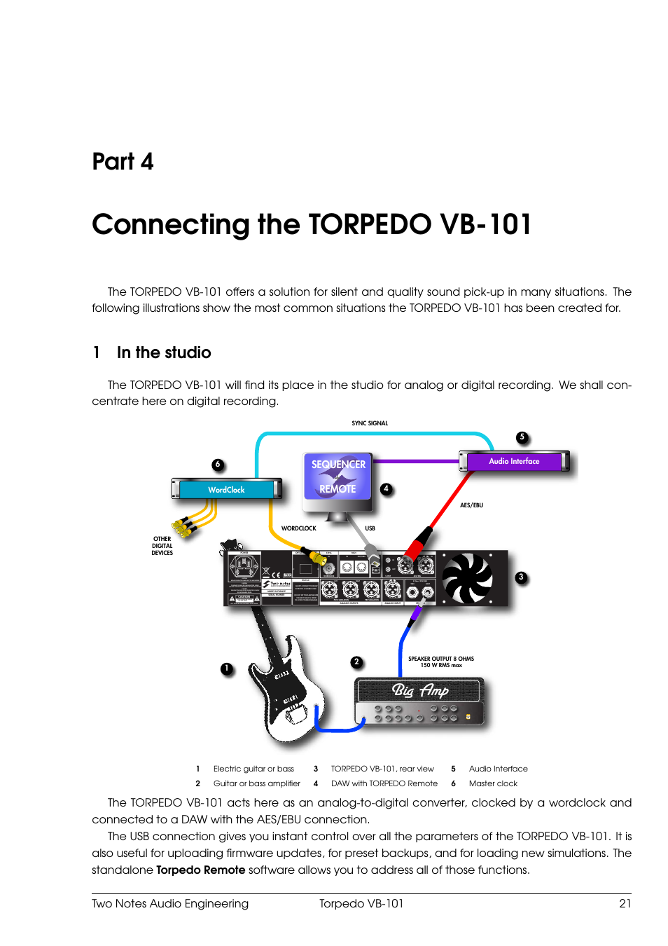 Connecting the torpedo vb-101, In the studio, 4 connecting the torpedo vb-101 | Part 4, Big amp, 1in the studio, Sequencer + remote | Two Notes VB-101 User Manual | Page 21 / 53