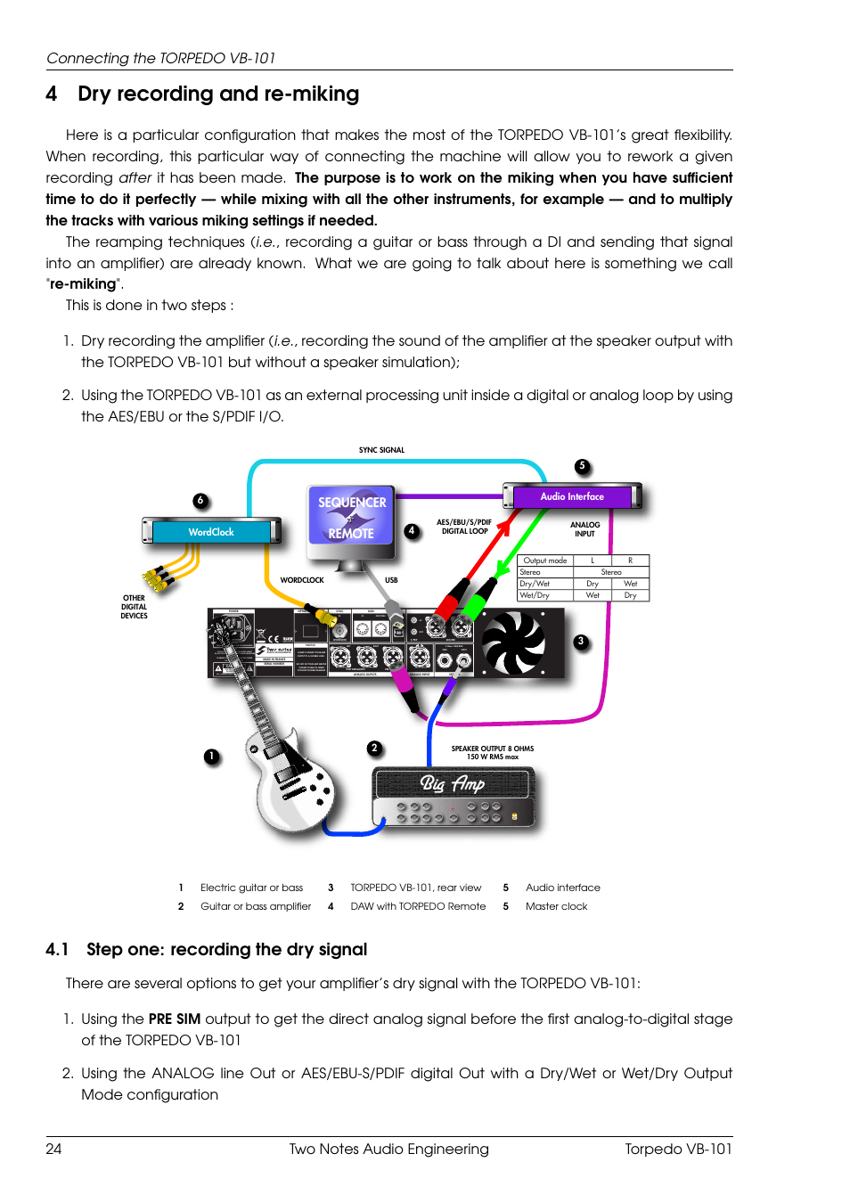 Dry recording and re-miking, Step one: recording the dry signal, Big amp | 4dry recording and re-miking, 1 step one: recording the dry signal, Connecting the torpedo vb-101, Sequencer + remote | Two Notes VB-101 User Manual | Page 24 / 53