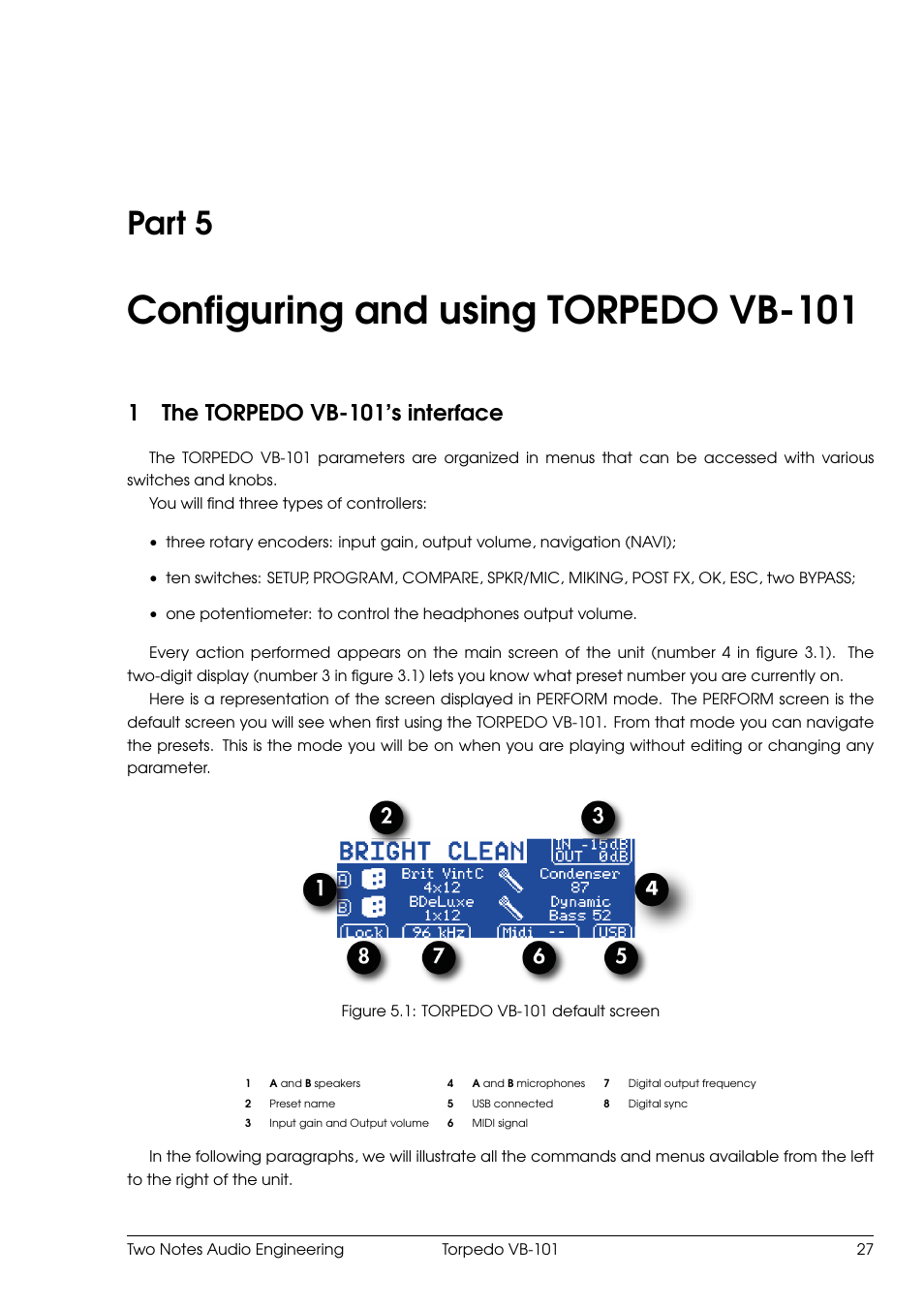 Configuring and using torpedo vb-101, The torpedo vb-101's interface, 5 configuring and using torpedo vb-101 | The torpedo vb-101’s interface, Part 5, 1the torpedo vb-101’s interface | Two Notes VB-101 User Manual | Page 27 / 53