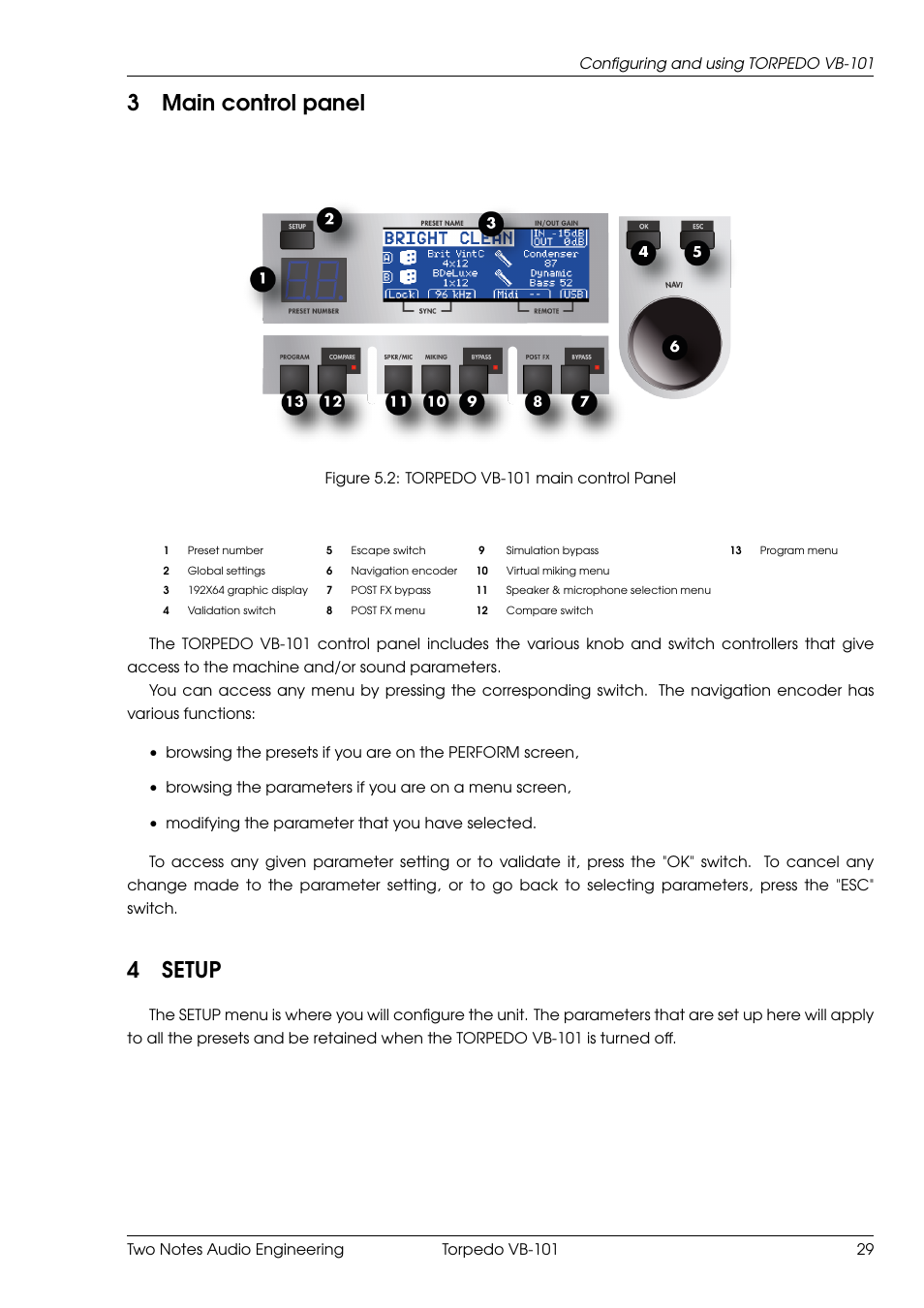 Main control panel, Setup, 3main control panel | 4setup | Two Notes VB-101 User Manual | Page 29 / 53