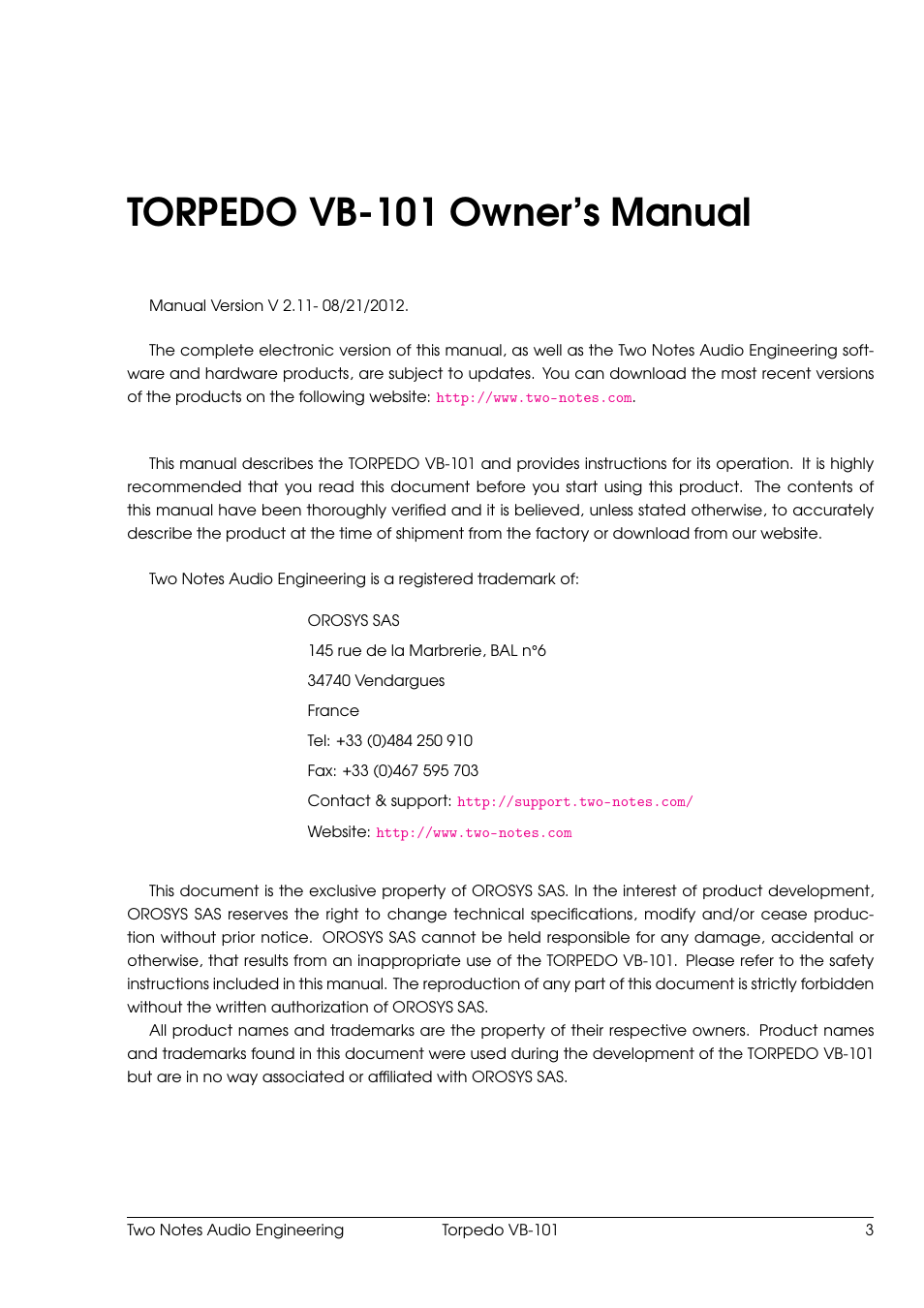 Torpedo vb-101 owner’s manual | Two Notes VB-101 User Manual | Page 3 / 53