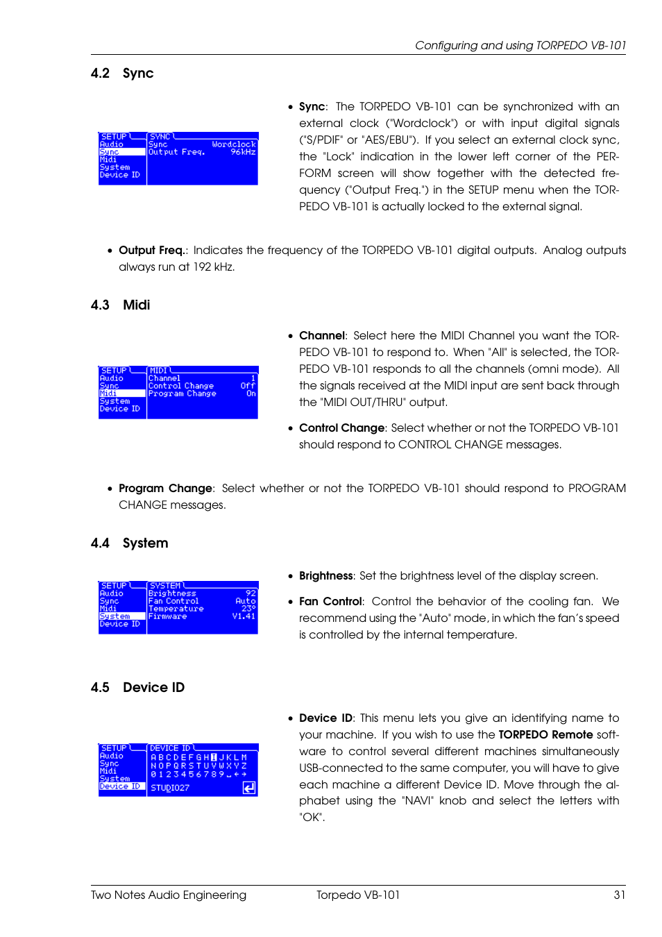 Sync, Midi, System | Device id | Two Notes VB-101 User Manual | Page 31 / 53