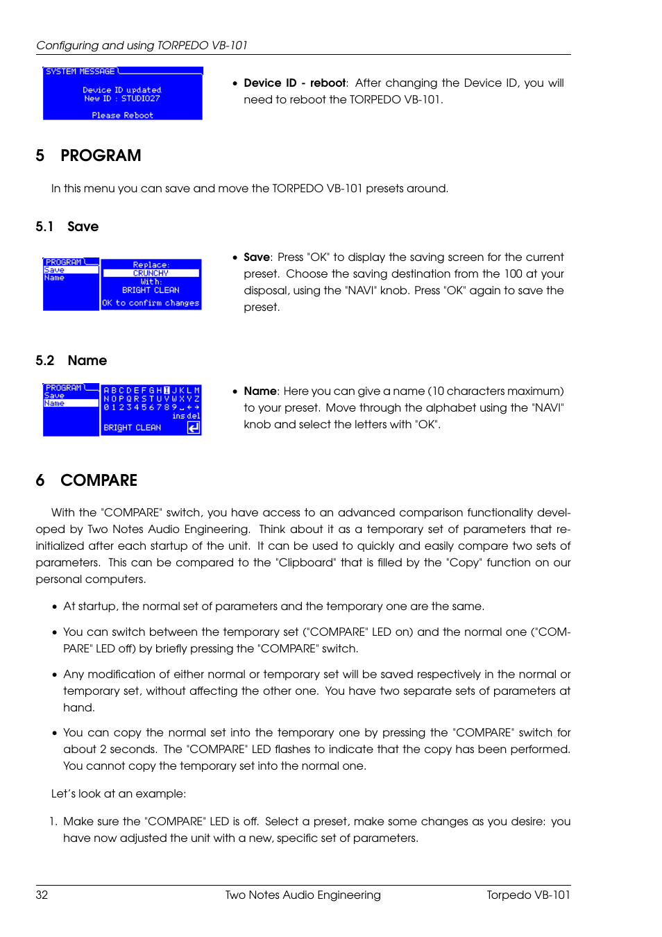 Program, Save, Name | Compare, 5program, 6compare | Two Notes VB-101 User Manual | Page 32 / 53