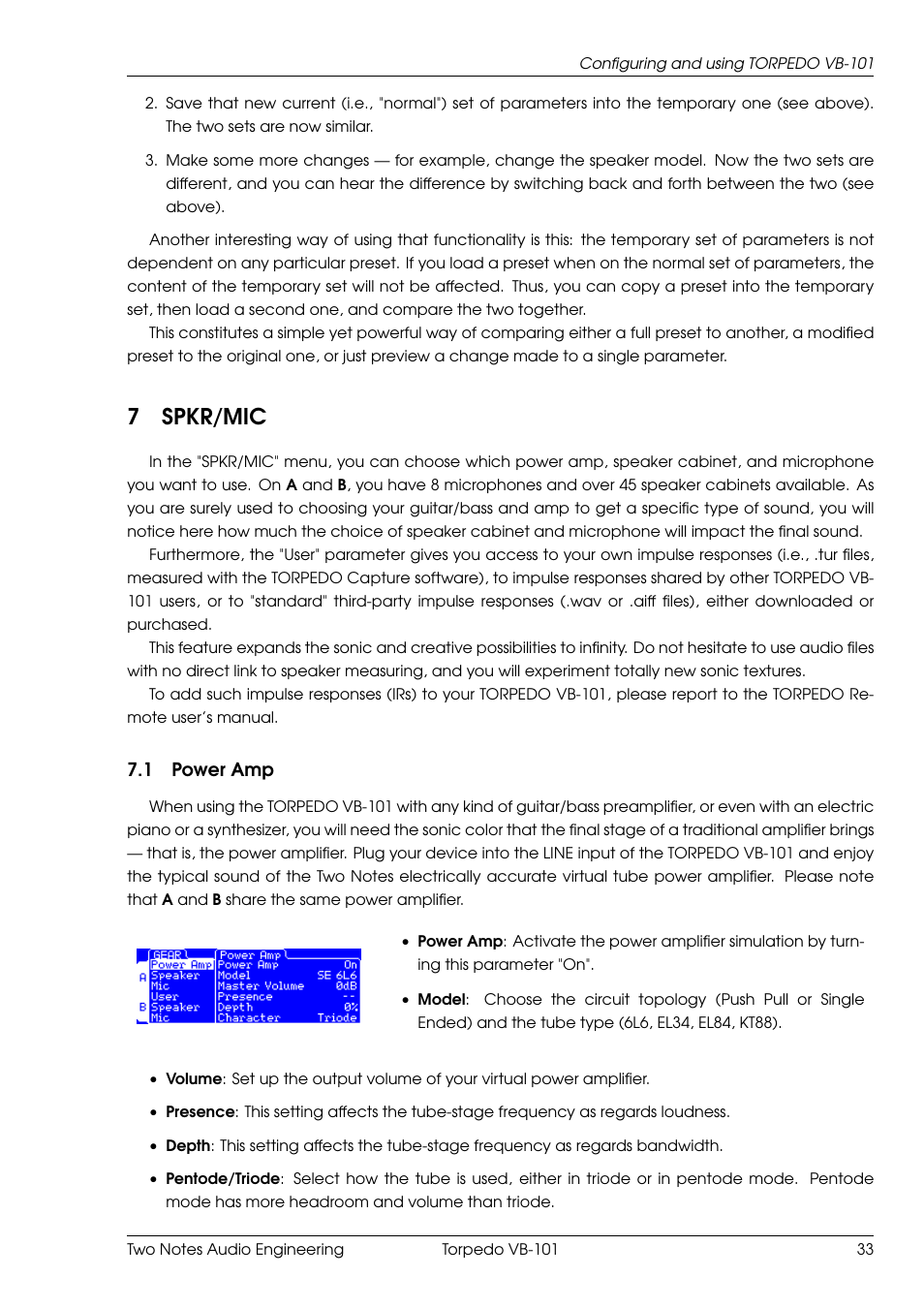 Spkr/mic, Power amp, 7spkr/mic | 1 power amp | Two Notes VB-101 User Manual | Page 33 / 53