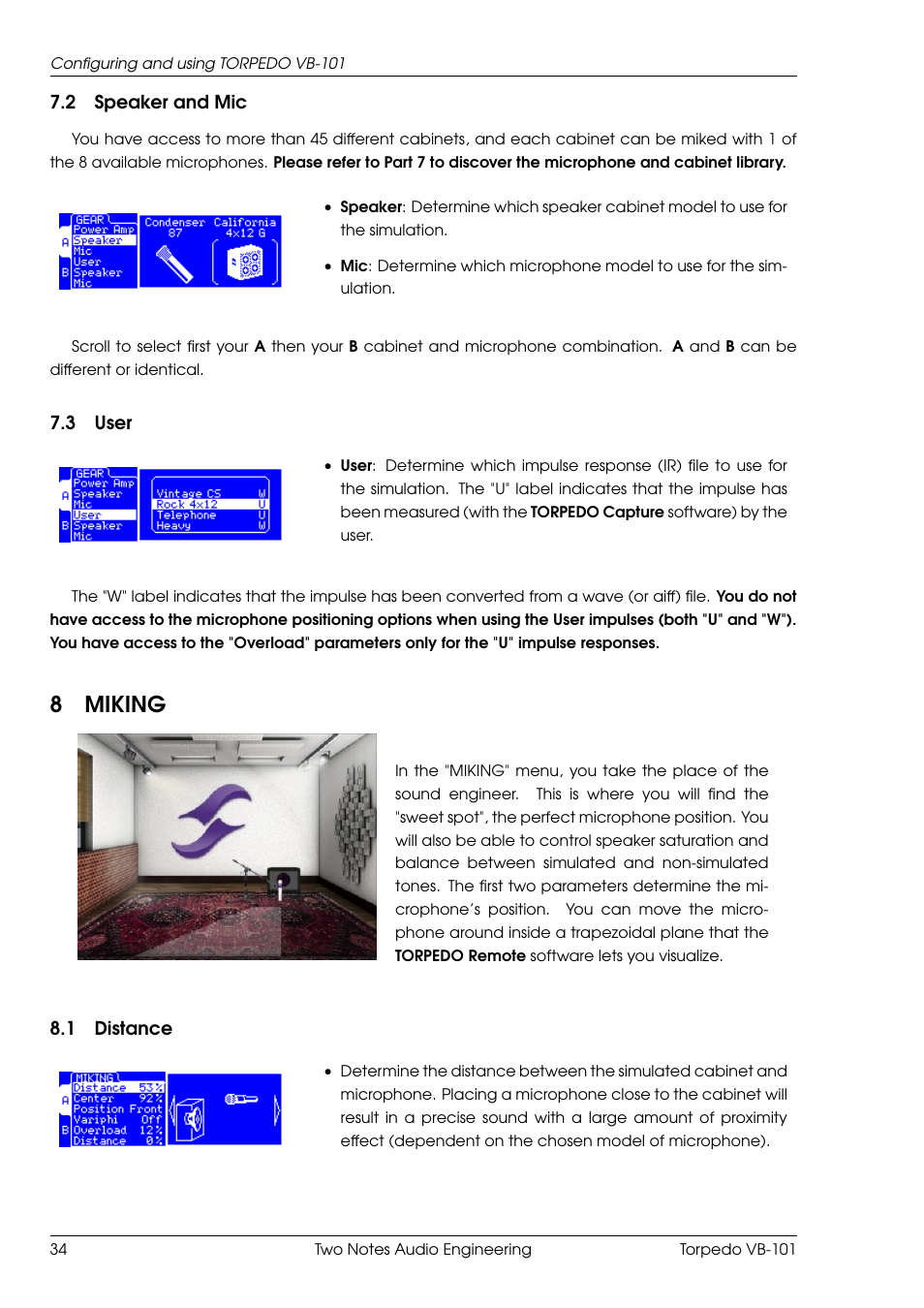 Speaker and mic, User, Miking | Distance, 8miking | Two Notes VB-101 User Manual | Page 34 / 53