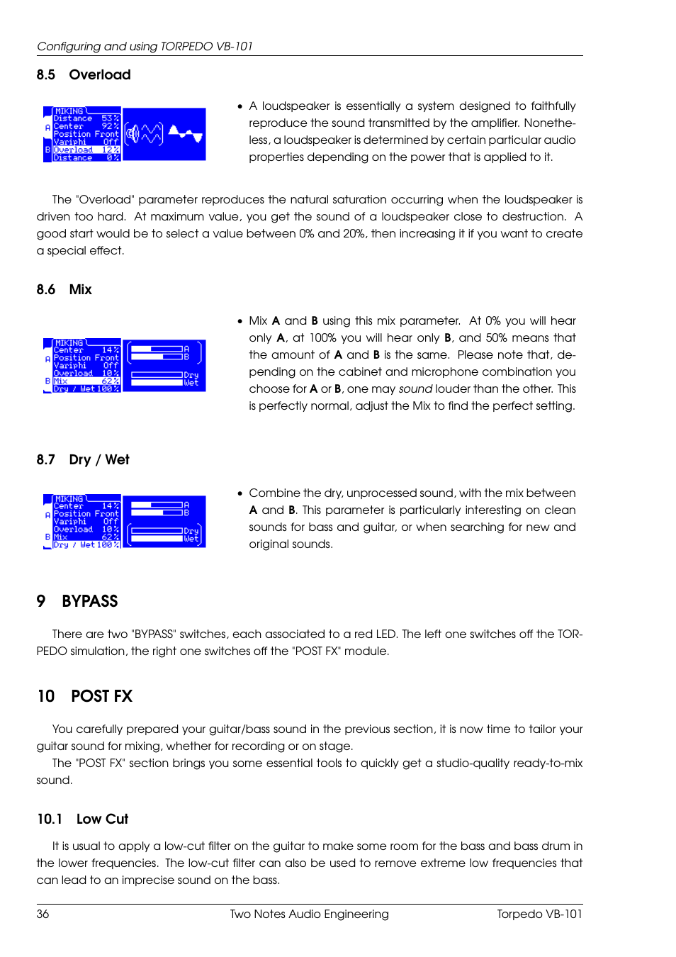 Overload, Dry / wet, Bypass | Post fx, Low cut, 9bypass, 10 post fx | Two Notes VB-101 User Manual | Page 36 / 53