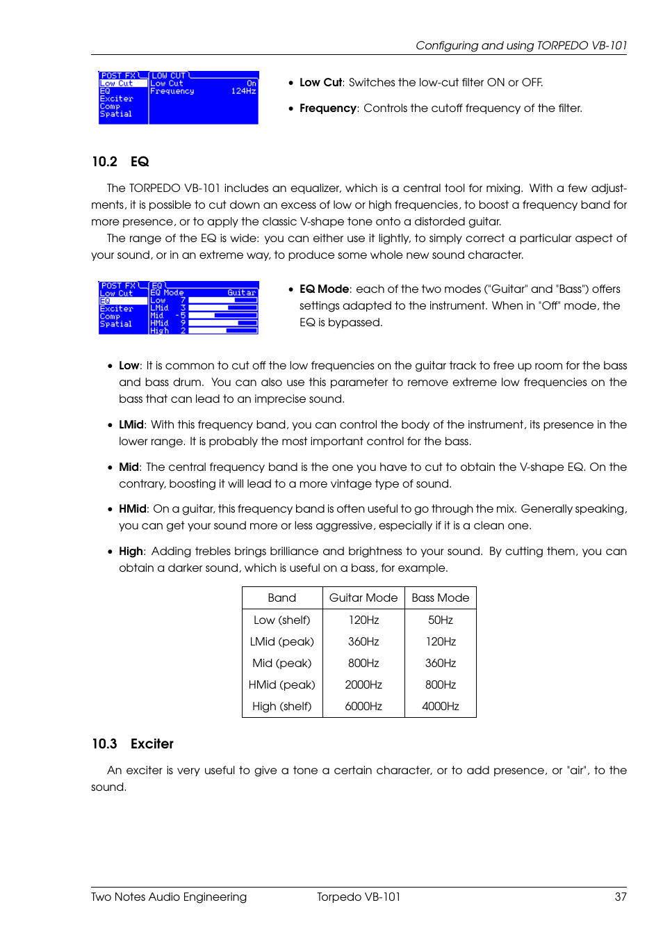 Exciter, 2 eq, 3 exciter | Two Notes VB-101 User Manual | Page 37 / 53