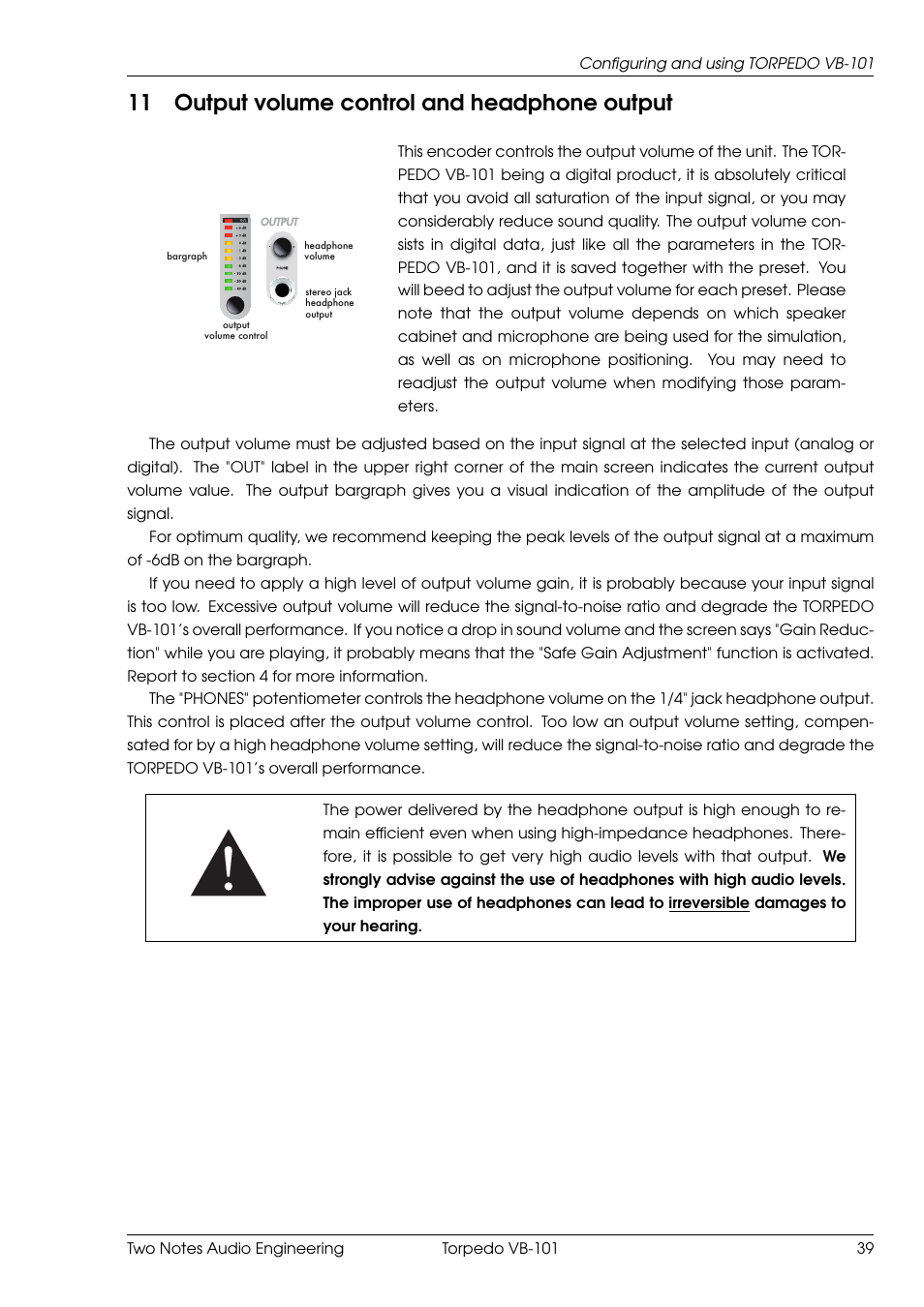 Output volume control and headphone output, 11 output volume control and headphone output | Two Notes VB-101 User Manual | Page 39 / 53