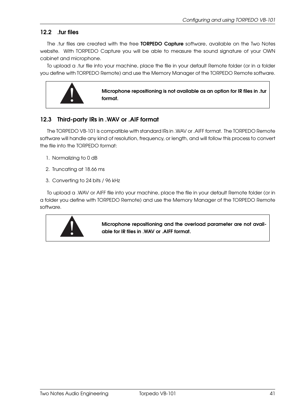 Tur files, Third-party irs in .wav or .aif format | Two Notes VB-101 User Manual | Page 41 / 53