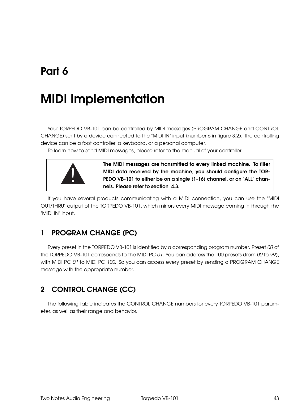 Midi implementation, Program change (pc), Control change (cc) | 6 midi implementation, Part 6, 1program change (pc), 2control change (cc) | Two Notes VB-101 User Manual | Page 43 / 53