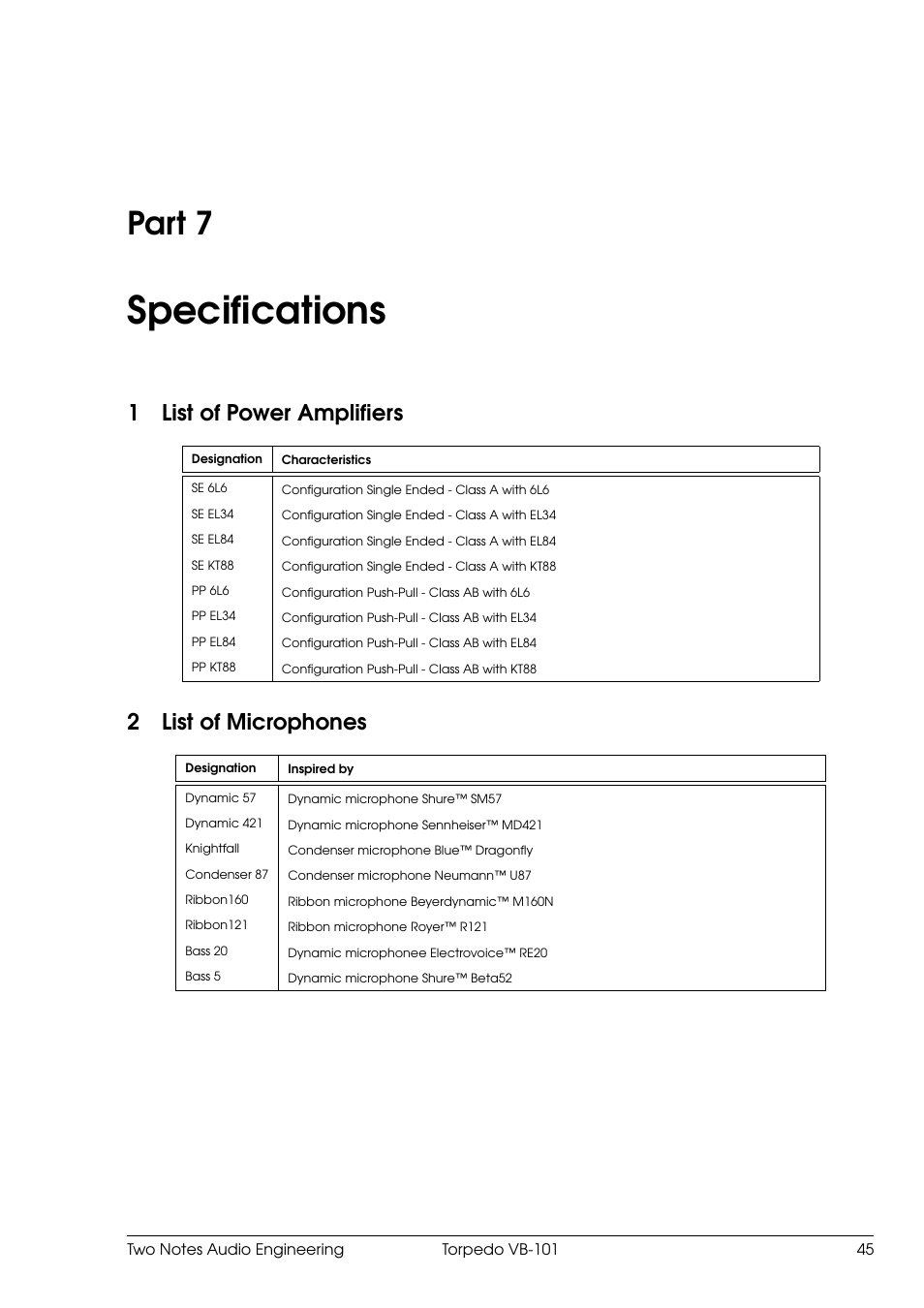 Specifications, List of power amplifiers, List of microphones | 7 specifications, Part 7, 1list of power amplifiers, 2list of microphones | Two Notes VB-101 User Manual | Page 45 / 53