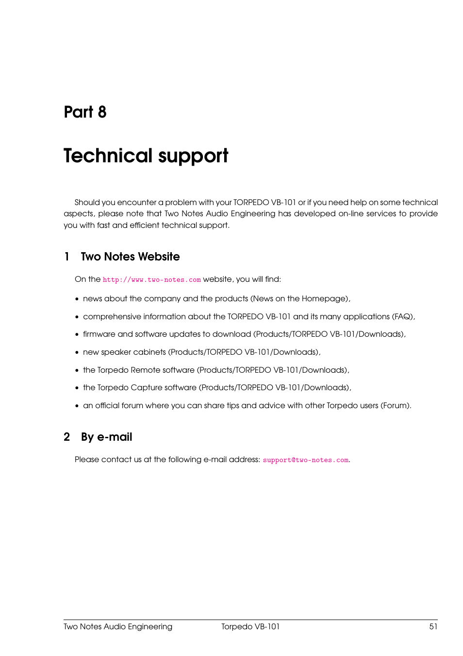 Technical support, Two notes website, By e-mail | 8 technical support, Part 8, 2by e-mail | Two Notes VB-101 User Manual | Page 51 / 53