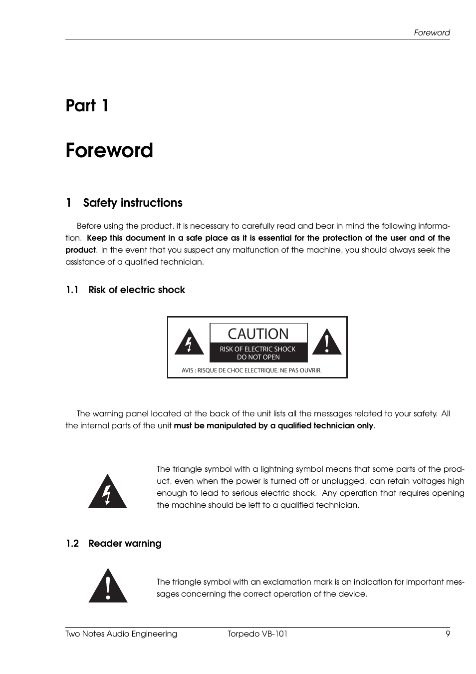 Foreword, Safety instructions, Risk of electric shock | Reader warning, 1 foreword, Part 1, Caution, 1safety instructions | Two Notes VB-101 User Manual | Page 9 / 53