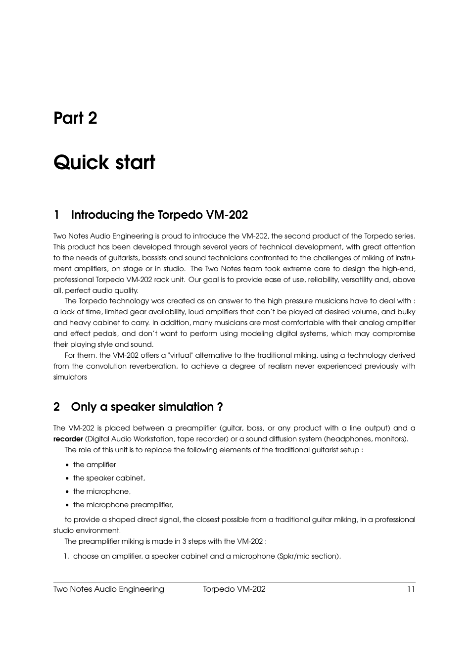 Quick start, Introducing the torpedo vm-202, Only a speaker simulation | 2 quick start, Part 2, 1introducing the torpedo vm-202, 2only a speaker simulation | Two Notes VM-202 User Manual | Page 11 / 39