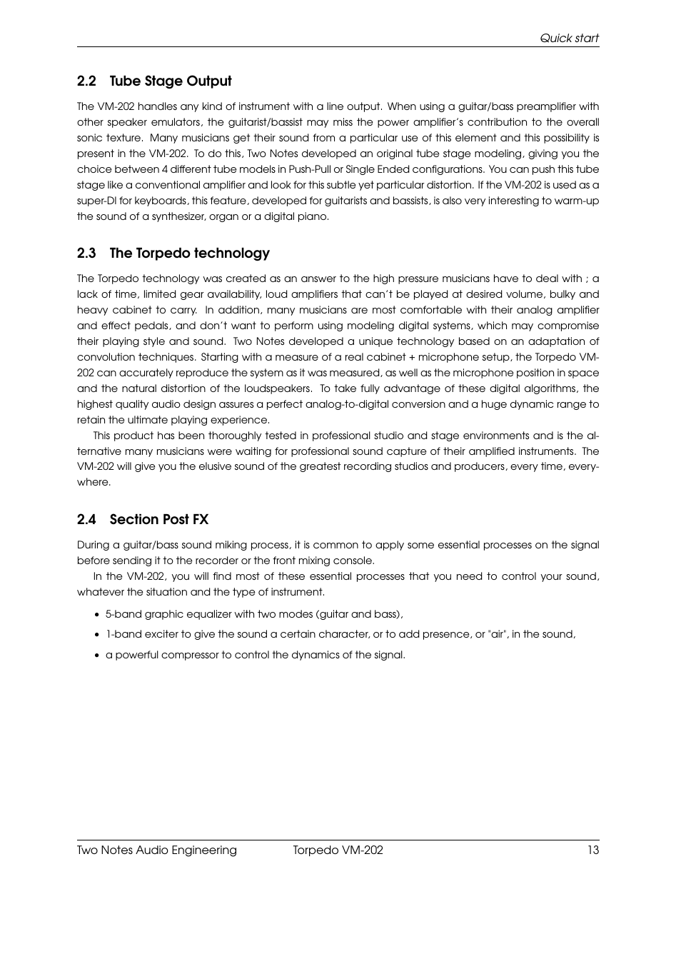 Tube stage output, The torpedo technology, Section post fx | 2 tube stage output, 3 the torpedo technology | Two Notes VM-202 User Manual | Page 13 / 39