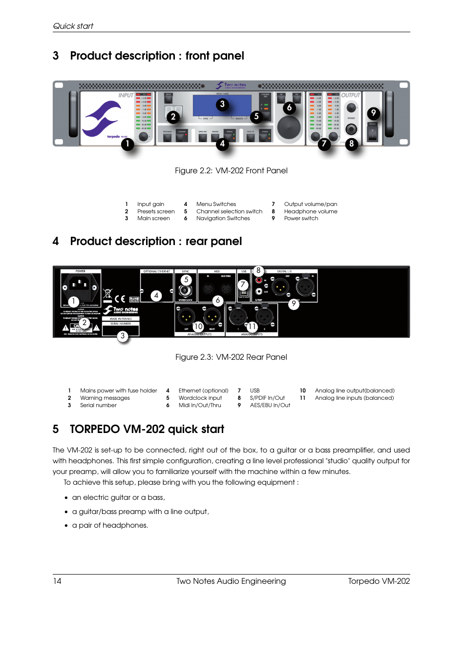 Product description : front panel, Product description : rear panel, Torpedo vm-202 quick start | 3product description : front panel, 4product description : rear panel, 5torpedo vm-202 quick start | Two Notes VM-202 User Manual | Page 14 / 39