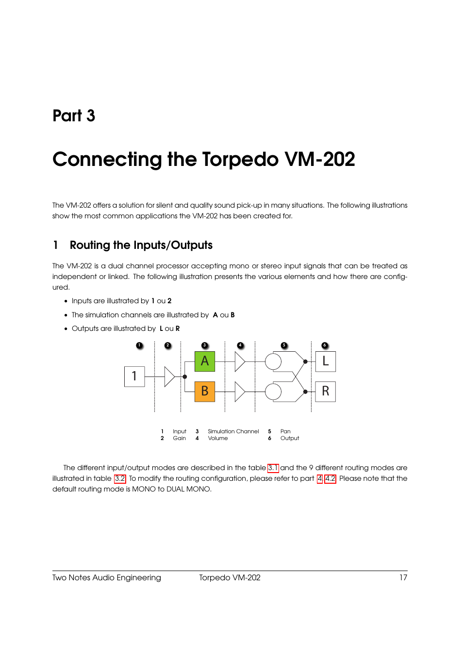 Connecting the torpedo vm-202, Routing the inputs/outputs, 3 connecting the torpedo vm-202 | Part 3, 1a b l r, 1routing the inputs/outputs | Two Notes VM-202 User Manual | Page 17 / 39