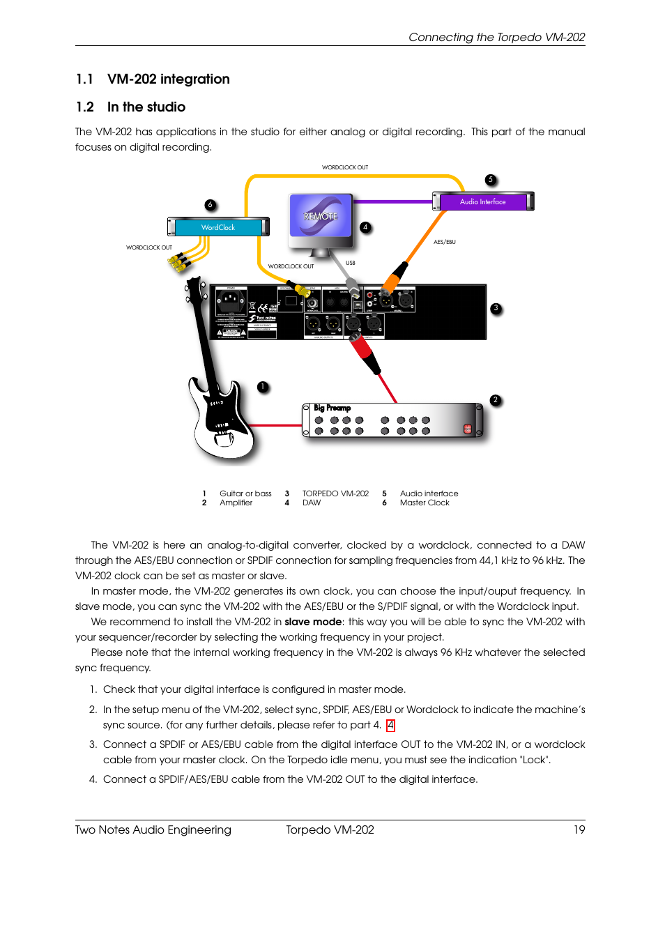 Vm-202 integration, In the studio, Connecting the torpedo vm-202 | Two Notes VM-202 User Manual | Page 19 / 39