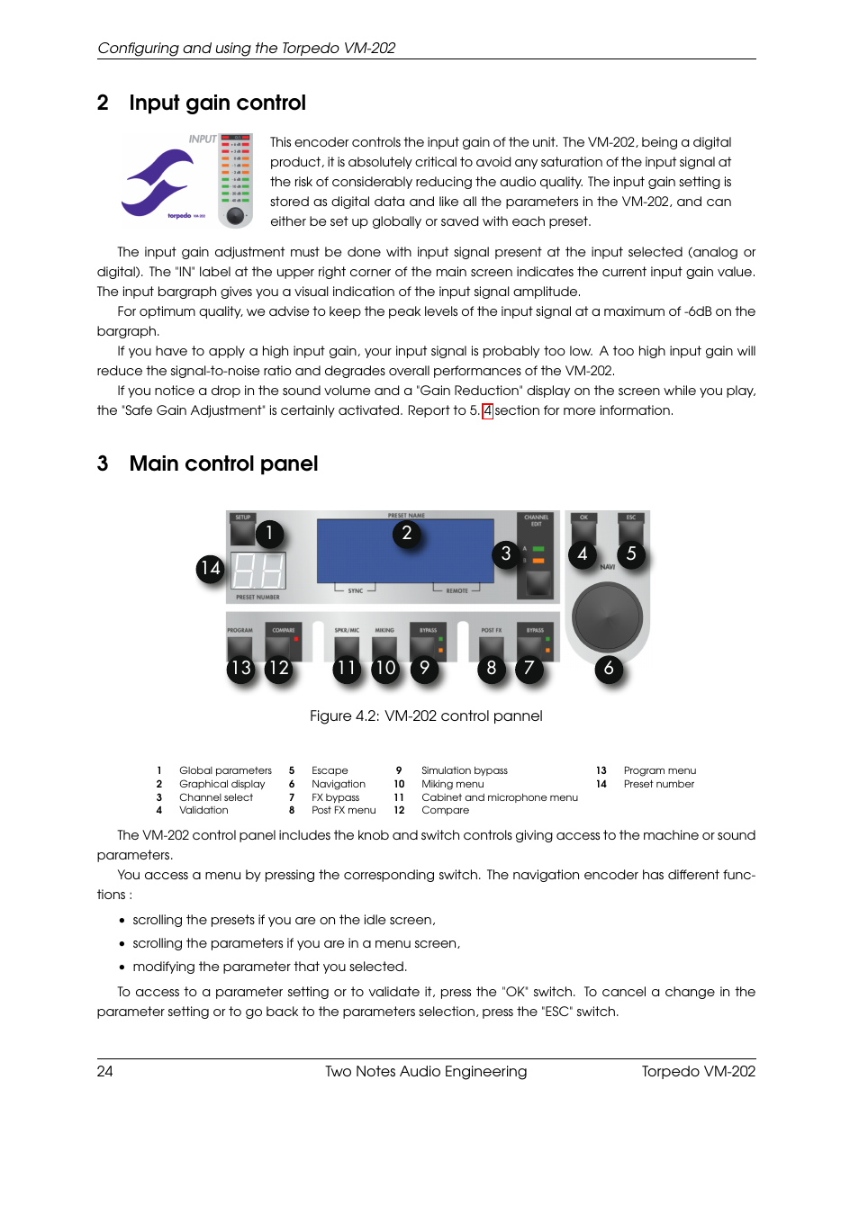 Input gain control, Main control panel, 2input gain control | 3main control panel | Two Notes VM-202 User Manual | Page 24 / 39