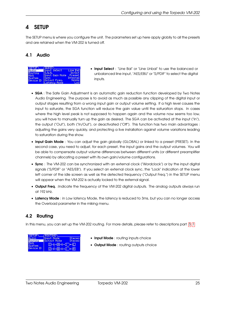 Setup, Audio, Routing | 4setup, 1 audio, 2 routing | Two Notes VM-202 User Manual | Page 25 / 39