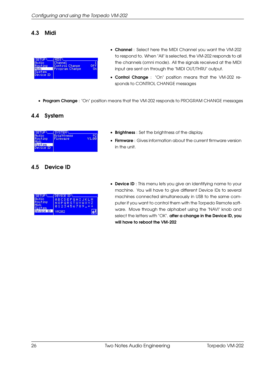 Midi, System, Device id | 3 midi, 4 system, 5 device id | Two Notes VM-202 User Manual | Page 26 / 39