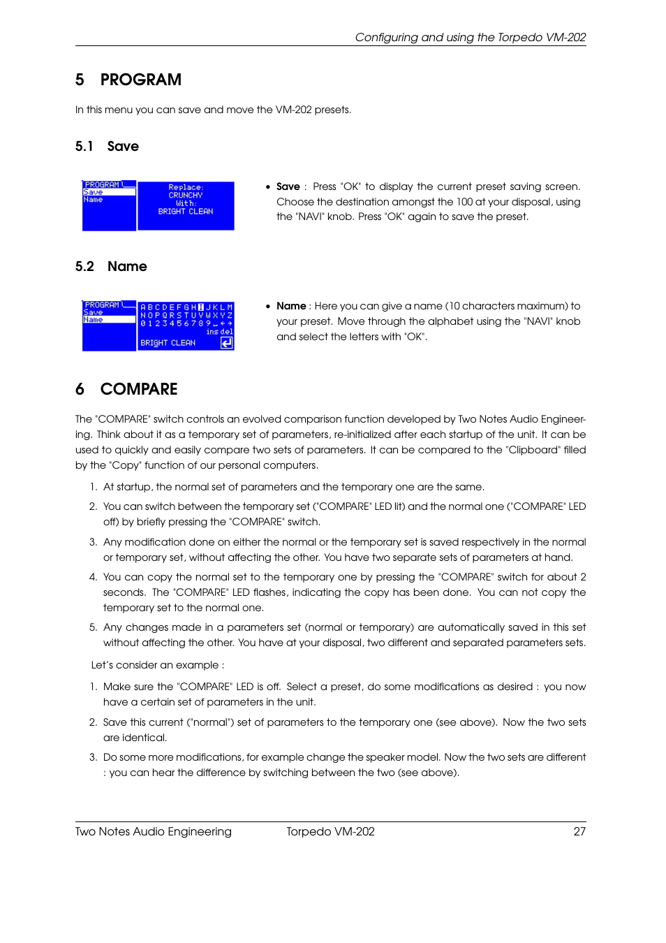 Program, Save, Name | Compare, 5program, 6compare, 1 save, 2 name | Two Notes VM-202 User Manual | Page 27 / 39