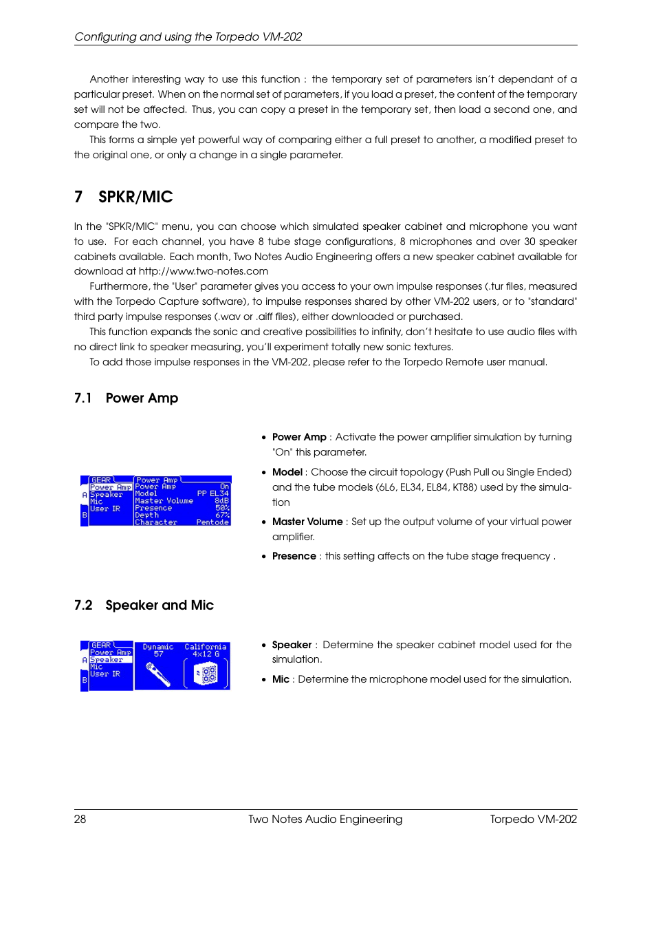 Spkr/mic, Power amp, Speaker and mic | 7spkr/mic, 1 power amp, 2 speaker and mic | Two Notes VM-202 User Manual | Page 28 / 39