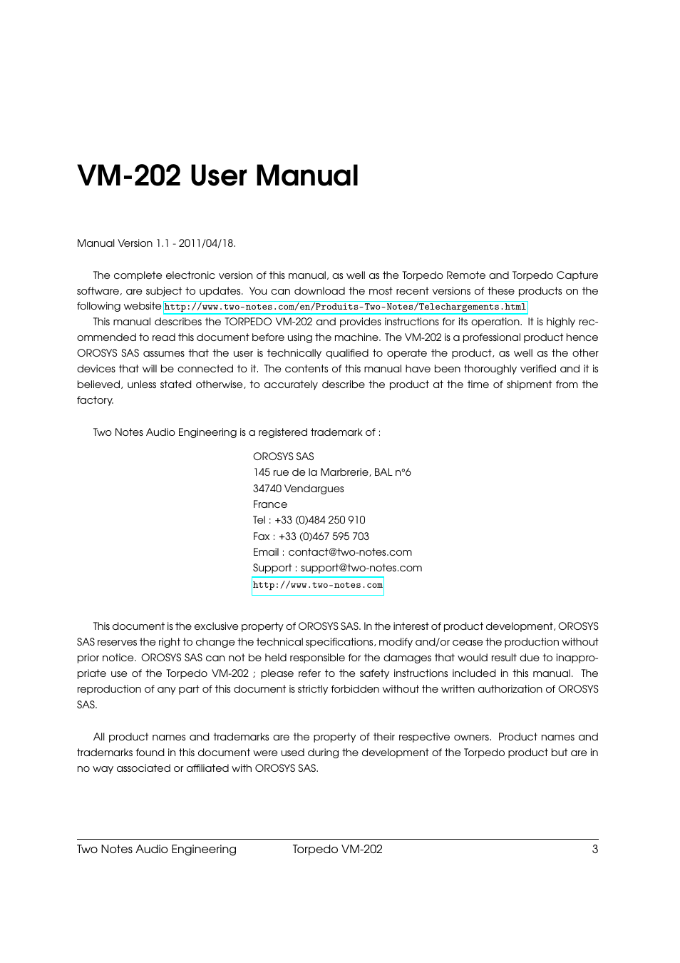 Vm-202 user manual | Two Notes VM-202 User Manual | Page 3 / 39