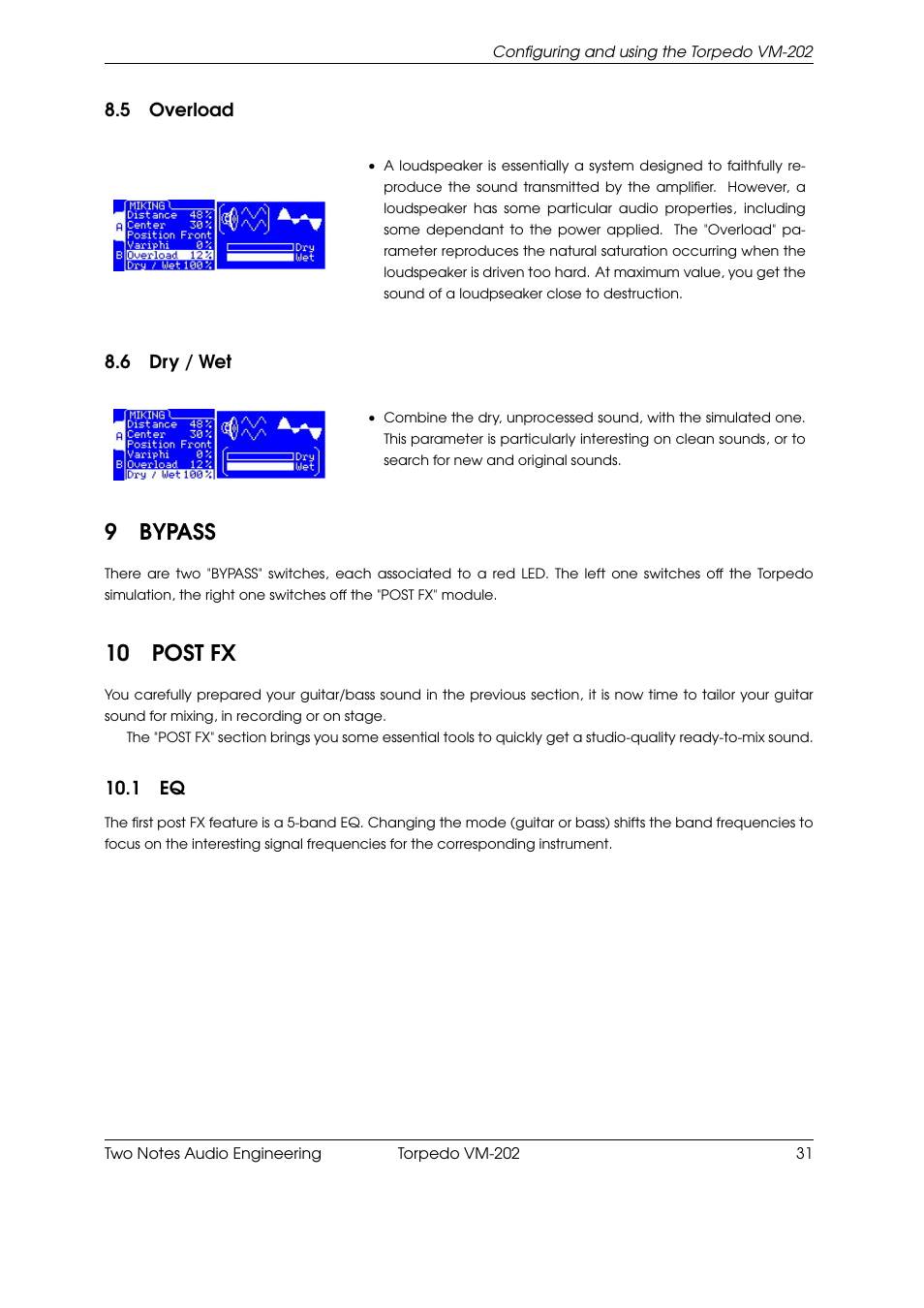 Overload, Dry / wet, Bypass | Post fx, 9bypass, 10 post fx | Two Notes VM-202 User Manual | Page 31 / 39