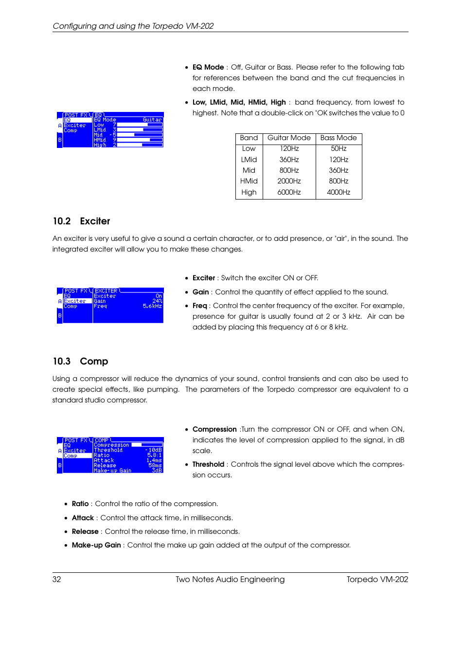 Exciter, Comp, 2 exciter | 3 comp | Two Notes VM-202 User Manual | Page 32 / 39