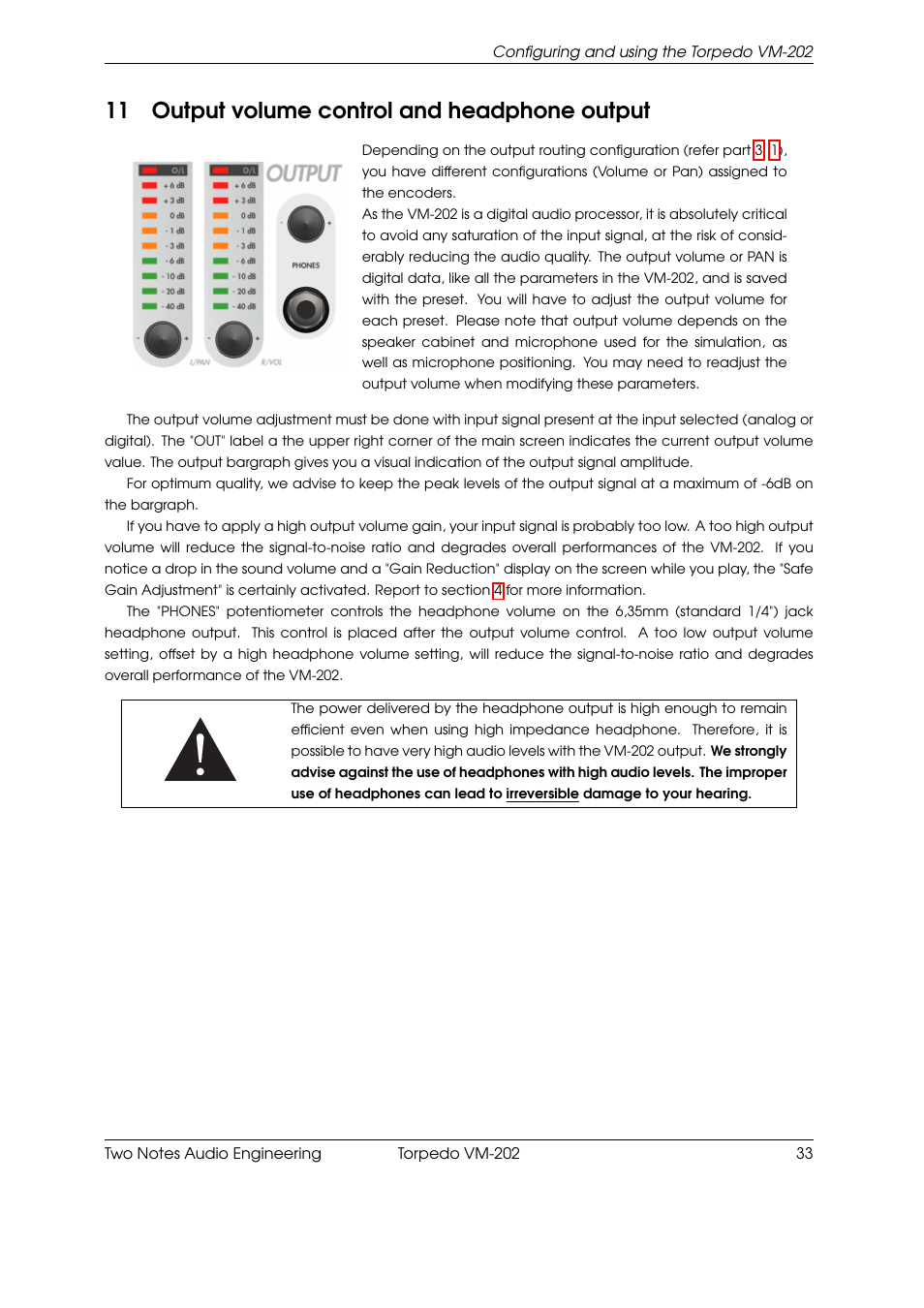 Output volume control and headphone output, 11 output volume control and headphone output | Two Notes VM-202 User Manual | Page 33 / 39