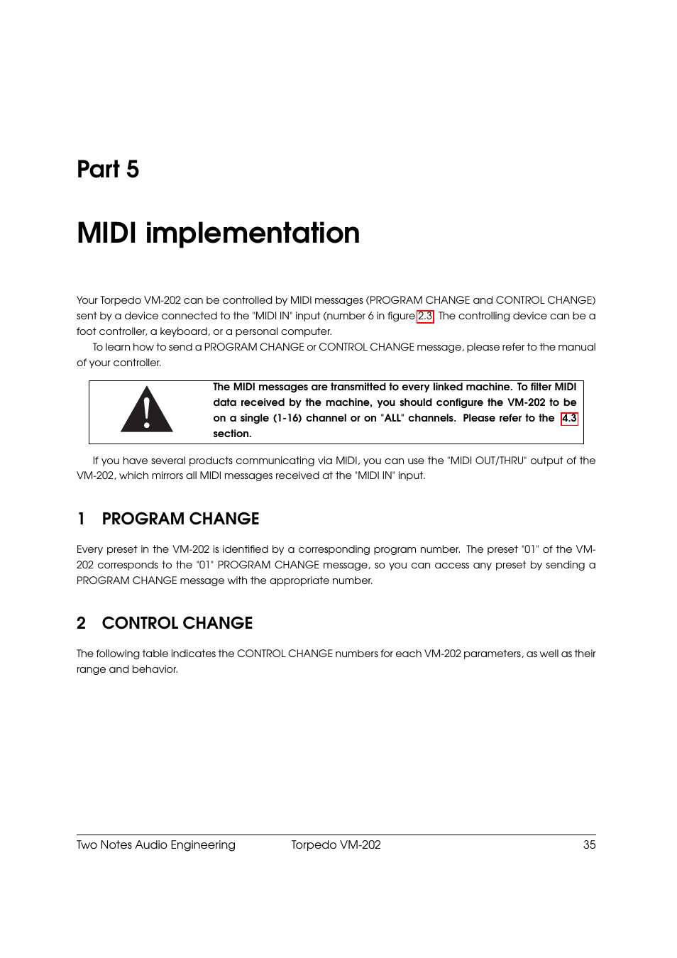 Midi implementation, Program change, Control change | 5 midi implementation, Part 5, 1program change, 2control change | Two Notes VM-202 User Manual | Page 35 / 39