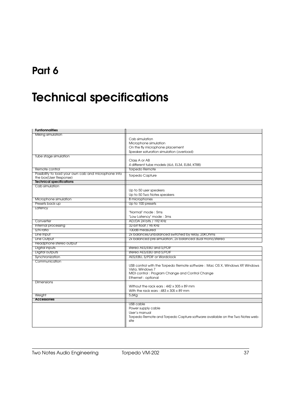 Technical specifications, 6 technical specifications, Part 6 | Two Notes VM-202 User Manual | Page 37 / 39