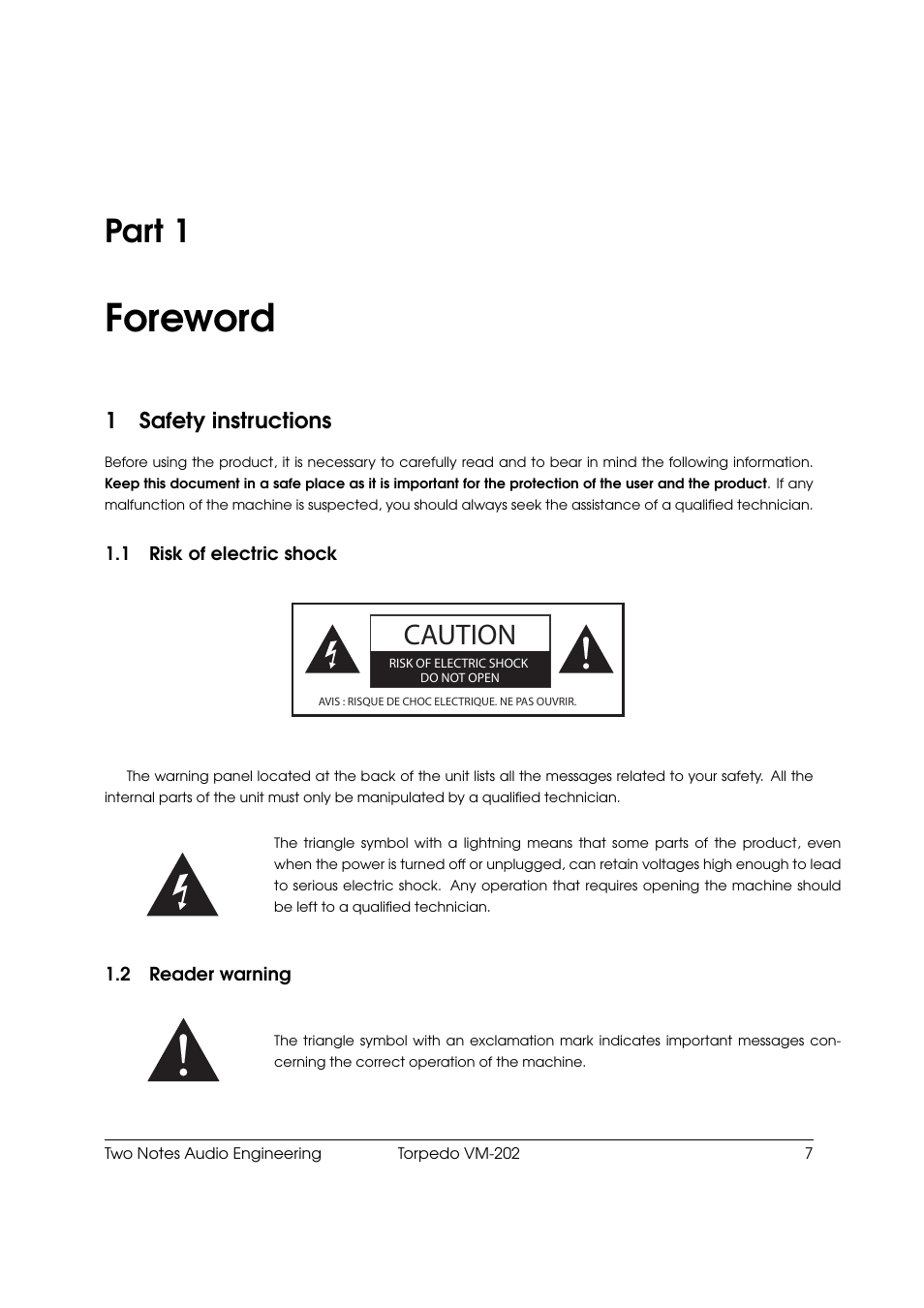 Foreword, Safety instructions, Risk of electric shock | Reader warning, 1 foreword, Part 1, Caution, 1safety instructions | Two Notes VM-202 User Manual | Page 7 / 39