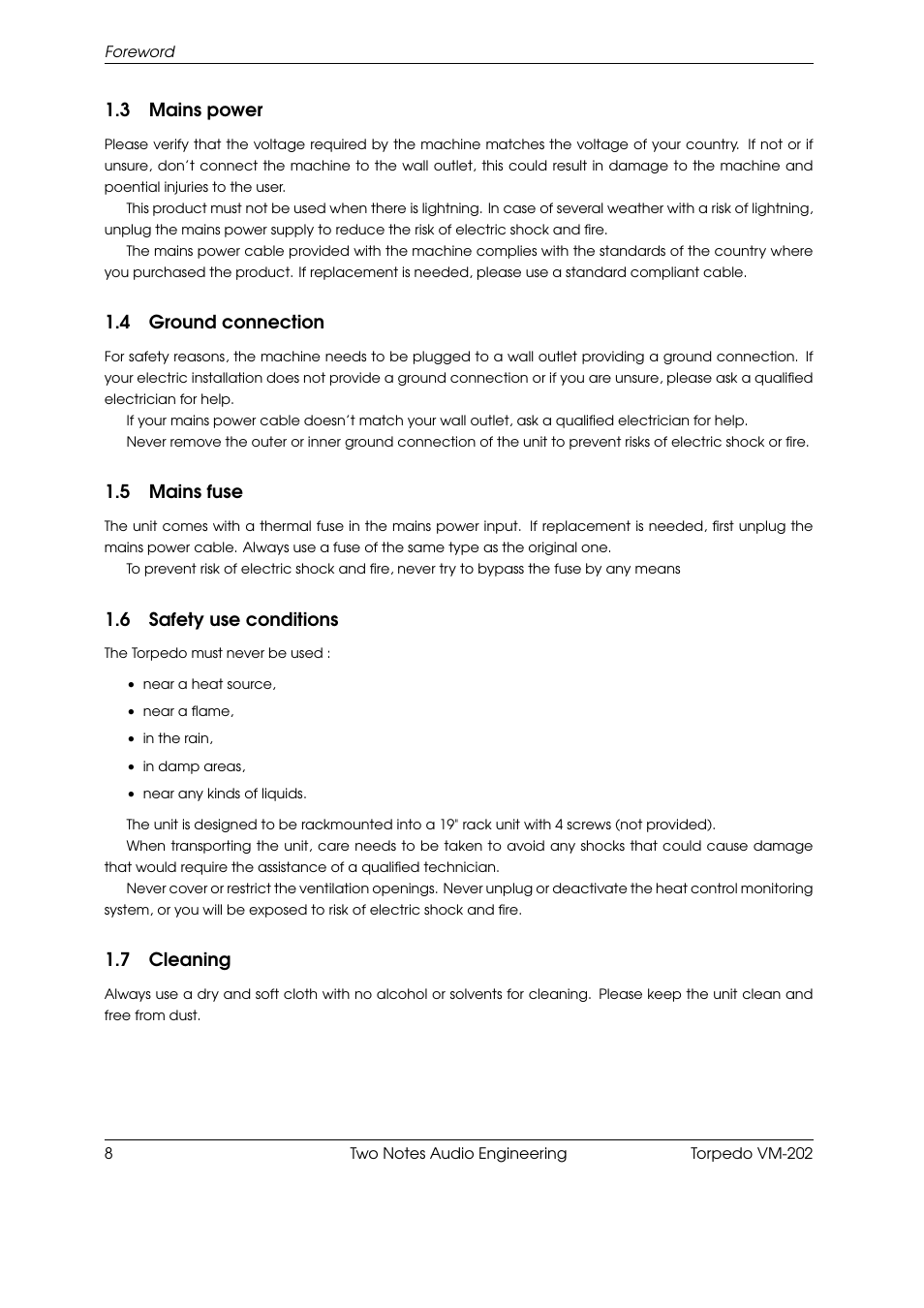 Mains power, Ground connection, Mains fuse | Safety use conditions, Cleaning, 3 mains power, 4 ground connection, 5 mains fuse, 6 safety use conditions, 7 cleaning | Two Notes VM-202 User Manual | Page 8 / 39