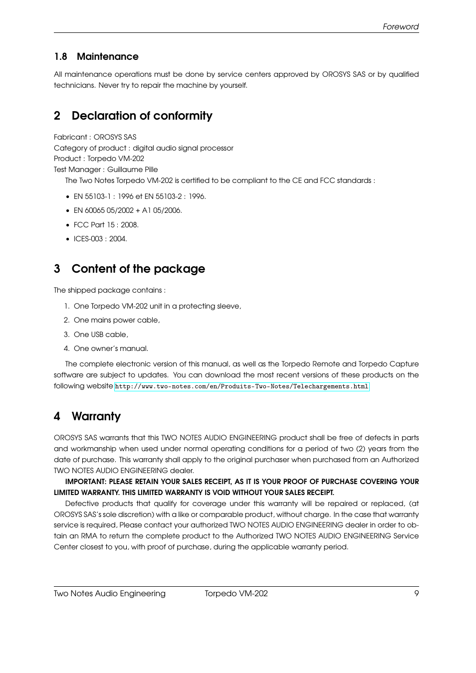 Maintenance, Declaration of conformity, Content of the package | Warranty, 2declaration of conformity, 3content of the package, 4warranty | Two Notes VM-202 User Manual | Page 9 / 39