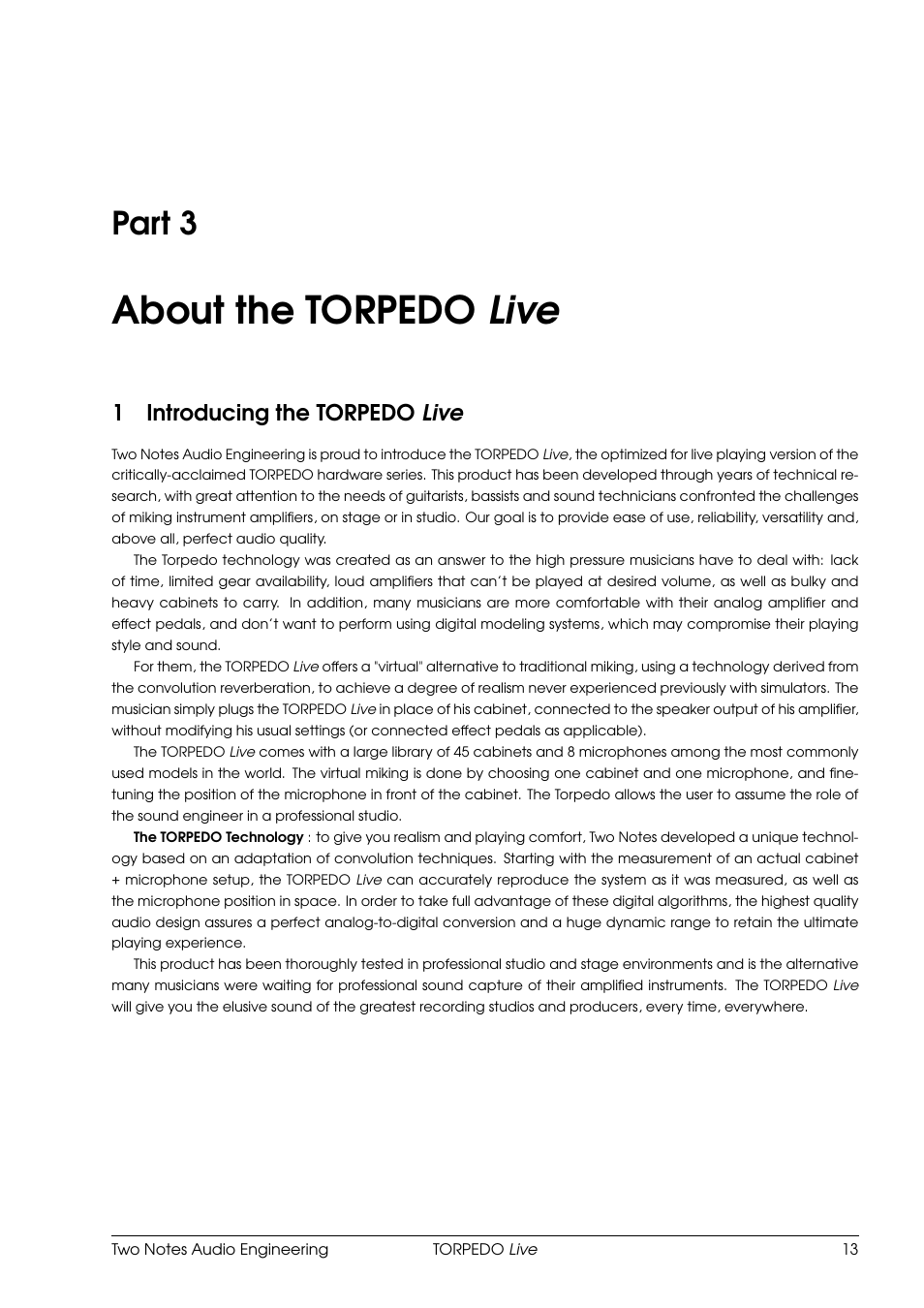 About the torpedo live, Introducing the torpedo live, 3 about the torpedo live | Part 3, 1introducing the torpedo live | Two Notes Live User Manual | Page 13 / 37