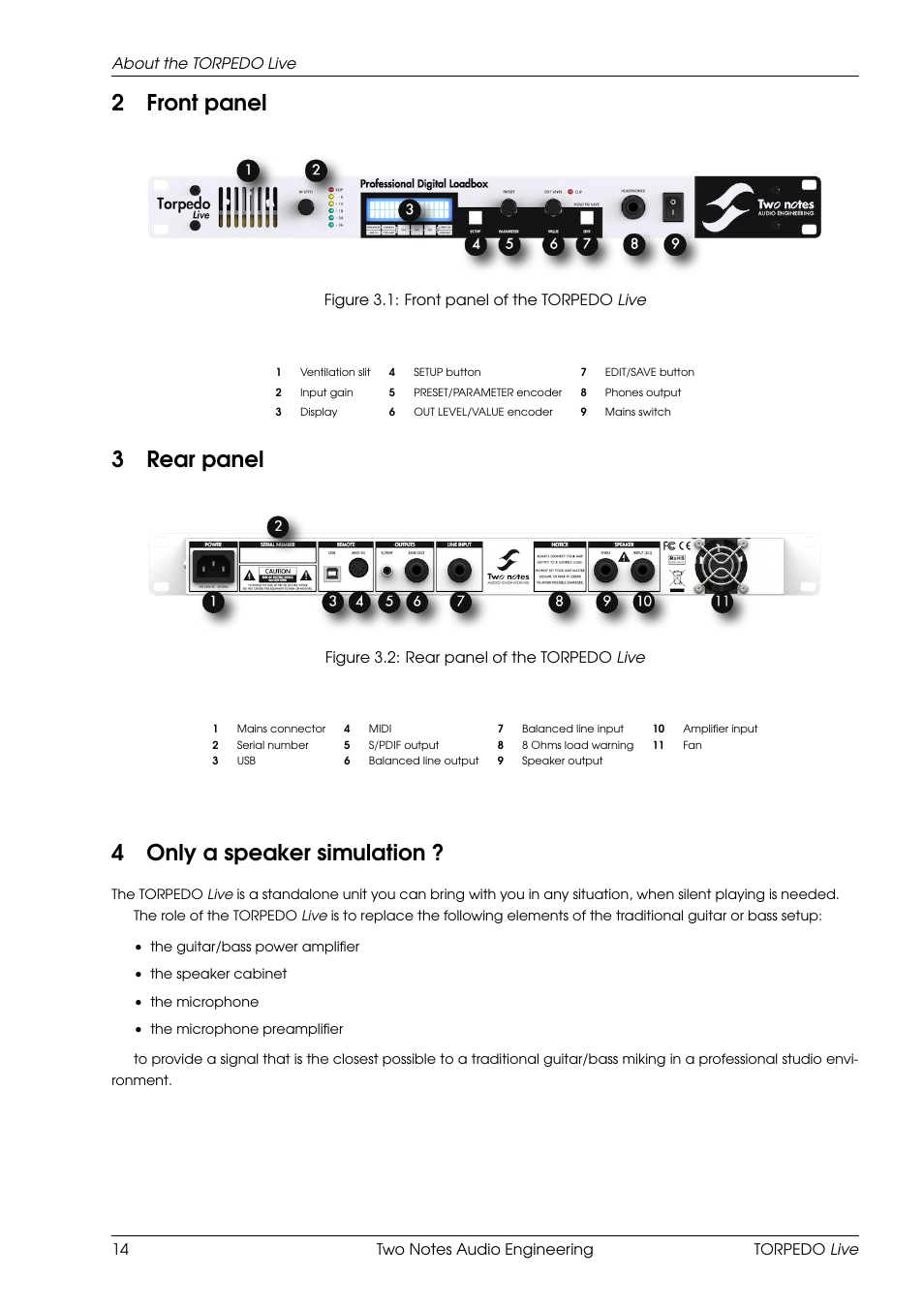 Front panel, Rear panel, Only a speaker simulation | 2front panel, 3rear panel, 4only a speaker simulation | Two Notes Live User Manual | Page 14 / 37