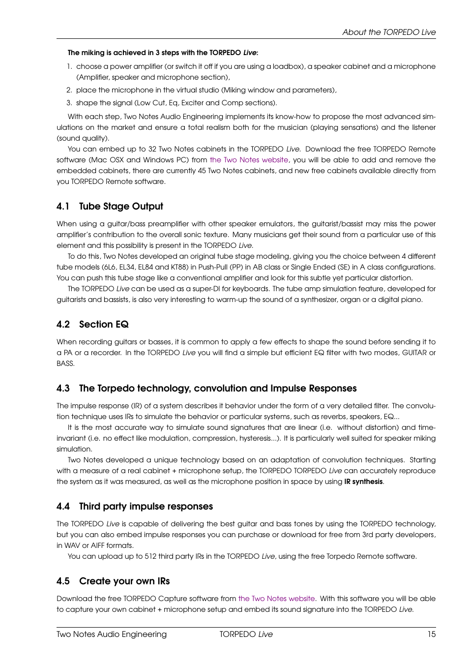 Tube stage output, Section eq, Third party impulse responses | Create your own irs, 1 tube stage output, 4 third party impulse responses, 5 create your own irs | Two Notes Live User Manual | Page 15 / 37