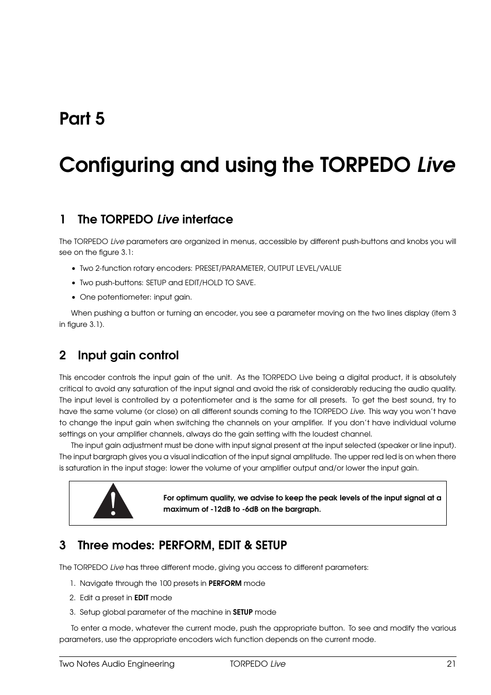 Configuring and using the torpedo live, The torpedo live interface, Input gain control | Three modes: perform, edit & setup, 5 configuring and using the torpedo live, Part 5, 1the torpedo live interface, 2input gain control, 3three modes: perform, edit & setup | Two Notes Live User Manual | Page 21 / 37