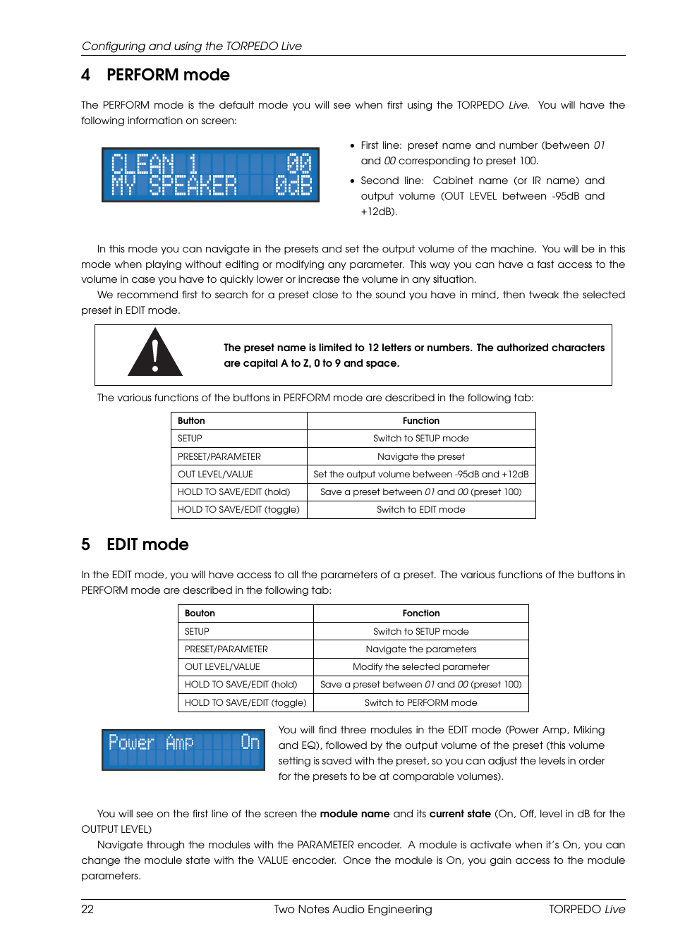 Perform mode, Edit mode, 4perform mode | 5edit mode | Two Notes Live User Manual | Page 22 / 37