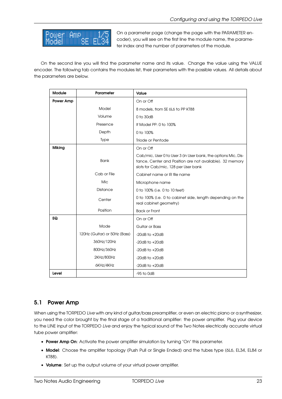 Power amp, 1 power amp | Two Notes Live User Manual | Page 23 / 37