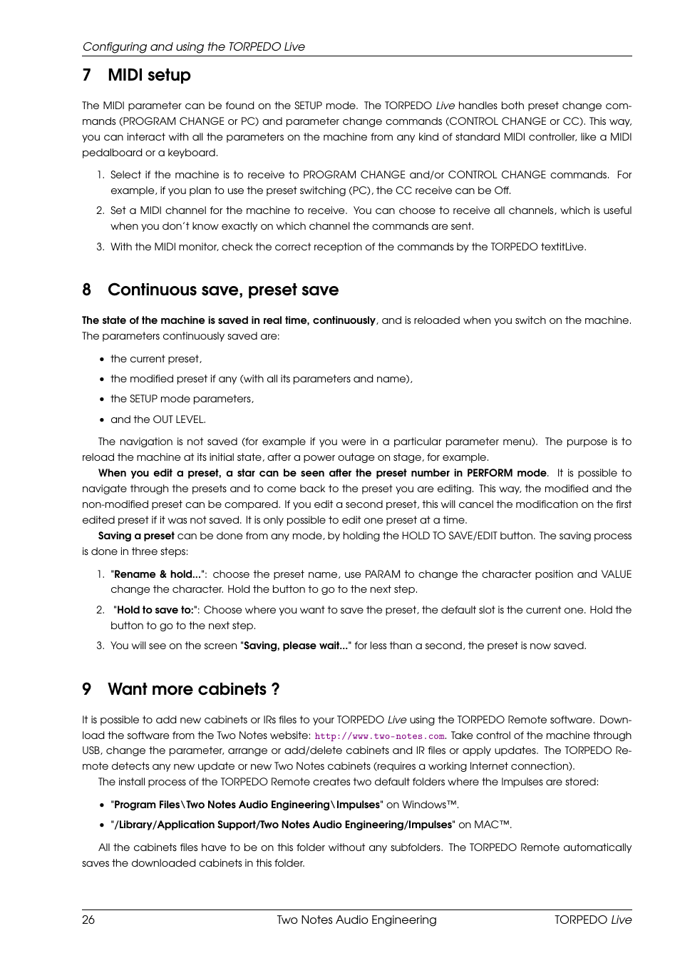 Midi setup, Continuous save, preset save, Want more cabinets | 7midi setup, 8continuous save, preset save, 9want more cabinets | Two Notes Live User Manual | Page 26 / 37