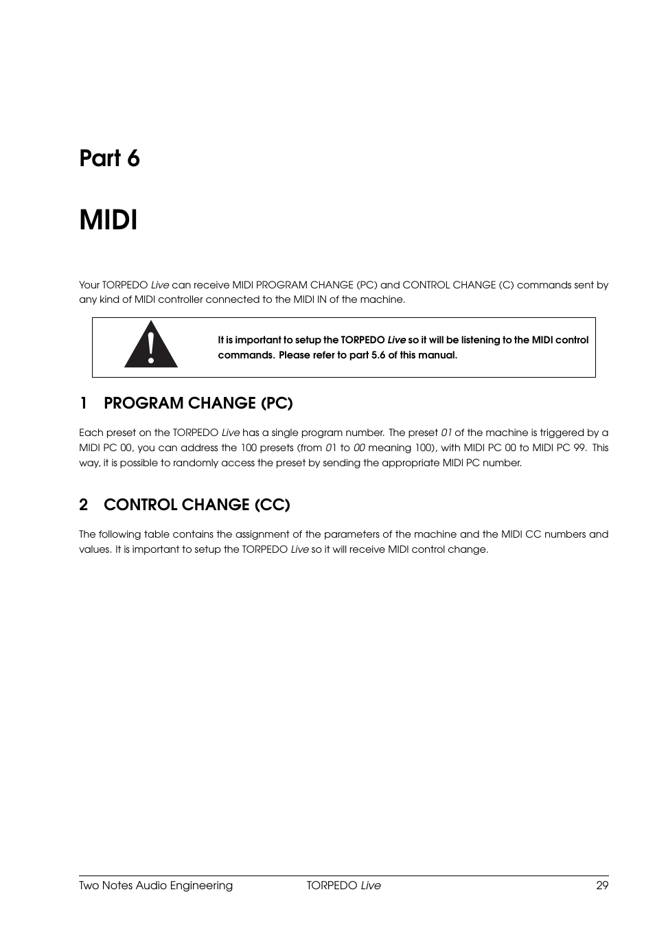 Midi, Program change (pc), Control change (cc) | 6 midi, Part 6, 1program change (pc), 2control change (cc) | Two Notes Live User Manual | Page 29 / 37